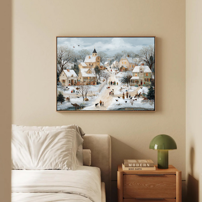Snowy village with farm animals canvas wall art for living room decor, country rustic winter cottages and pasture setting