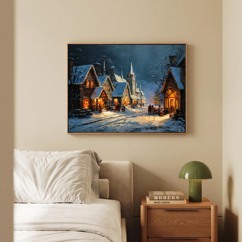 The Night Before Christmas canvas wall art, cozy sofa, stockings, and glowing tree by a snowy window, living room decor The Night Before Christmas canvas wall art, cozy sofa, stockings, and glowing tree by a snowy window, living room decor