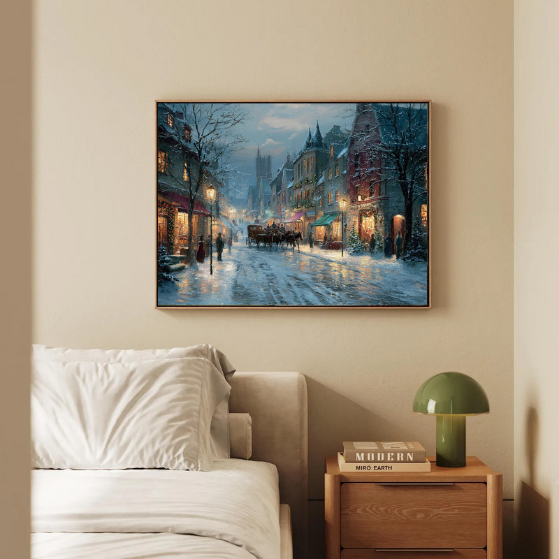 Victorian Christmas Village canvas wall art, square with snowy rooftops and gas lamps in sepia for living room walls