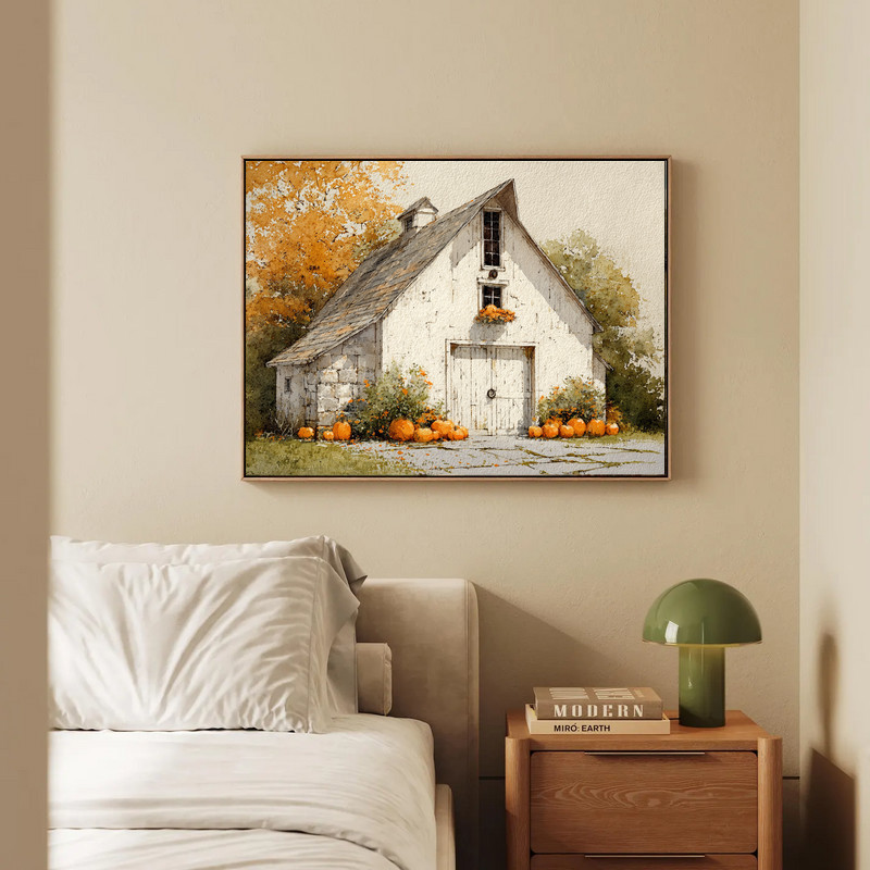 Watercolor pumpkin barn canvas wall art with soft pastel wash, portrait format, fall farmhouse style for living room decor