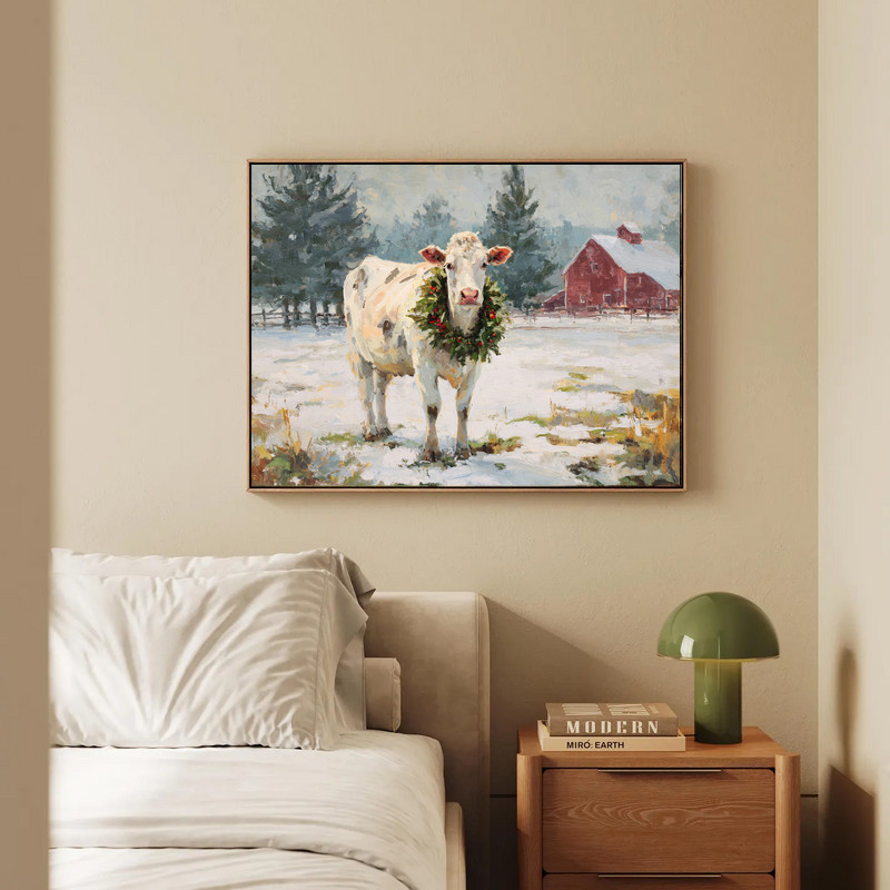 white cow with green wreath canvas wall art, landscape orientation, farmhouse holiday accent for rustic living room decor