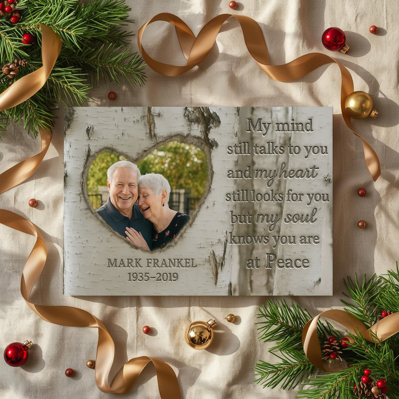 Memorial canvas wall art for husband, navy backdrop with heart accents and Forever in My Heart script; horizontal for bedroom