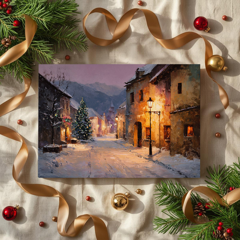 Peaceful snowy street canvas wall art, rustic holiday wall decor to elevate a living room with a calm, wintry town charm.