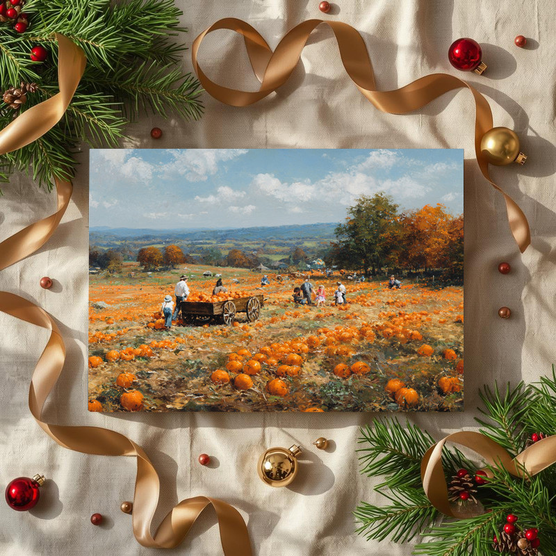 Autumn harvest canvas wall art in farmhouse style, arranged pumpkins on rustic backdrop, warm tones for living room decor