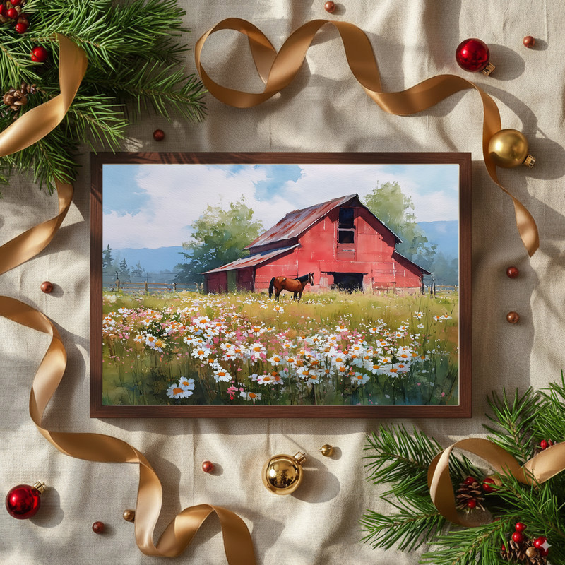 Red barn meadow with asters and horse watercolor canvas wall art, pastoral country scene, gallery-wrapped finish