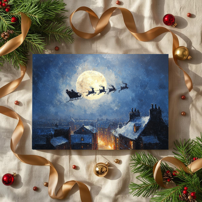 Classic Christmas Santa’s sleigh and reindeer canvas wall art with rustic farmhouse, warm tones for festive holiday decor