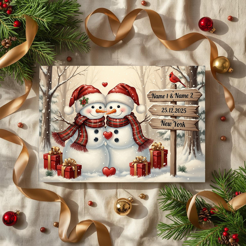 Snowman couple rustic Christmas canvas wall art, square with Merry Christmas typography and snowy evergreen trees Snowman couple rustic Christmas canvas wall art, square with Merry Christmas typography and snowy evergreen trees