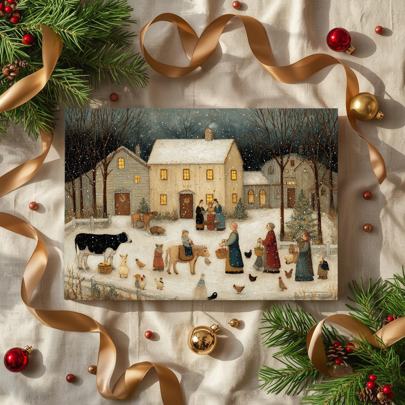 Snowy farmyard scene canvas wall art in neutral winter tones, rustic barn and fence accent for farmhouse living room decor