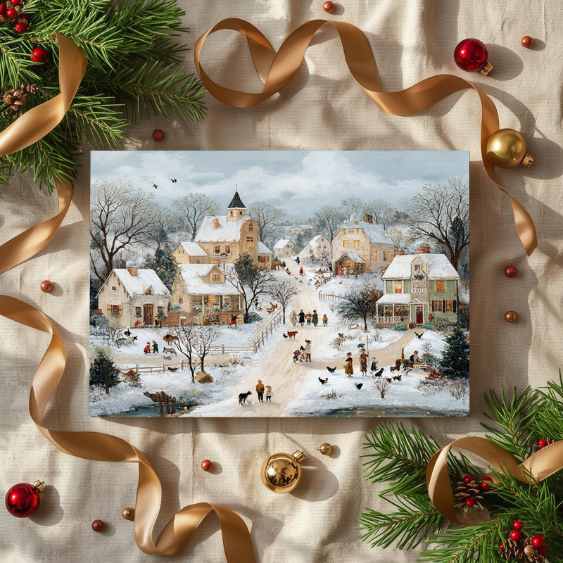 Snowy village with farm animals canvas wall art, country rustic winter barns and trees, warm accent for living room decor