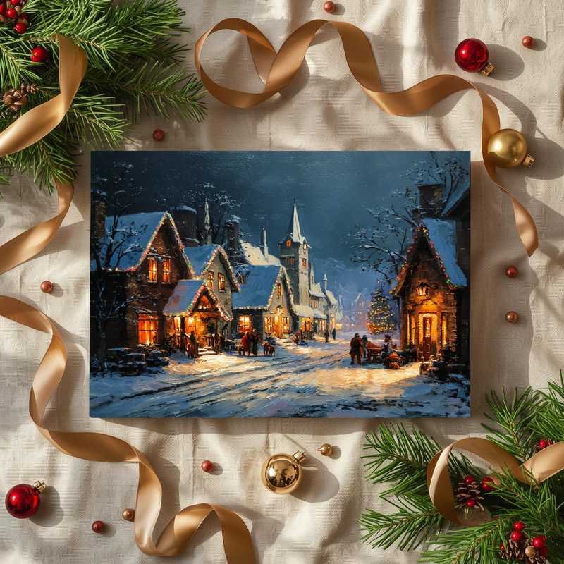 The Night Before Christmas canvas wall art with rustic fireplace, wreath, and presents beneath a lit tree in living room The Night Before Christmas canvas wall art with rustic fireplace, wreath, and presents beneath a lit tree in living room