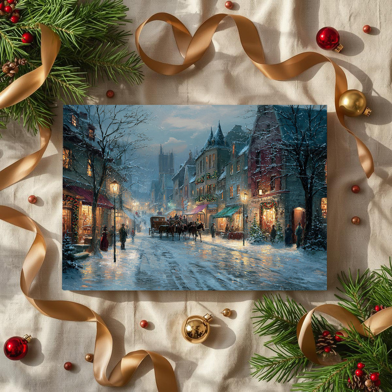 Victorian Christmas Village canvas wall art, wide landscape of glowing windows and falling snow, great above holiday mantel