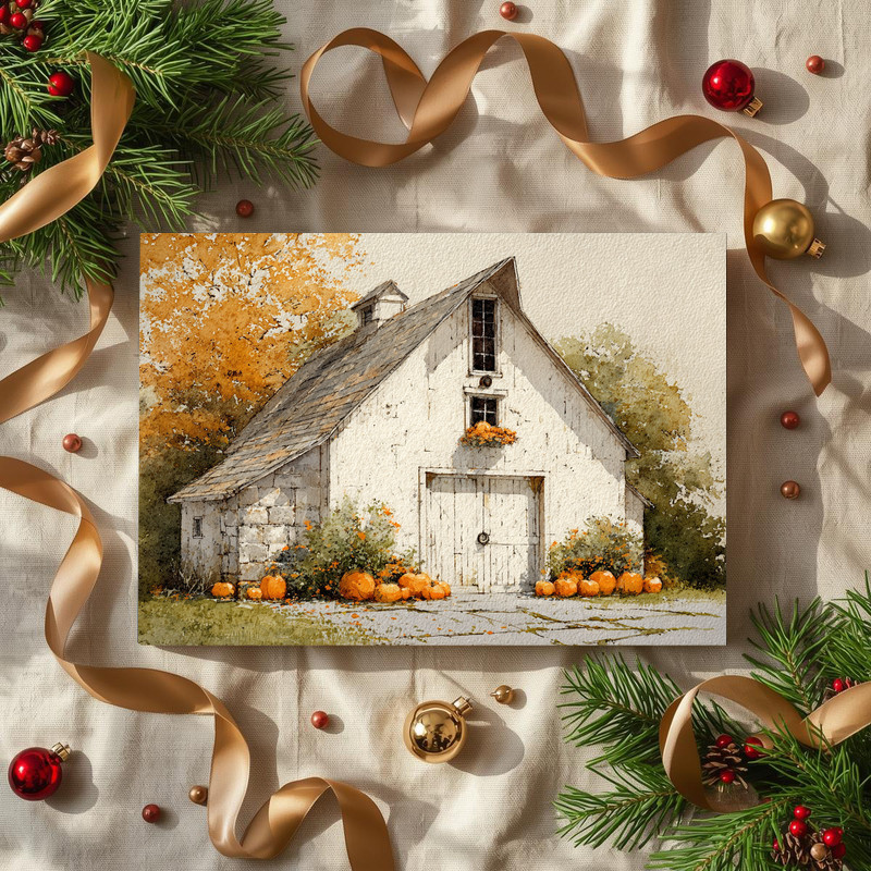 Watercolor pumpkin barn canvas wall art on stretched canvas, neutral tones and rustic charm for cozy living room decor