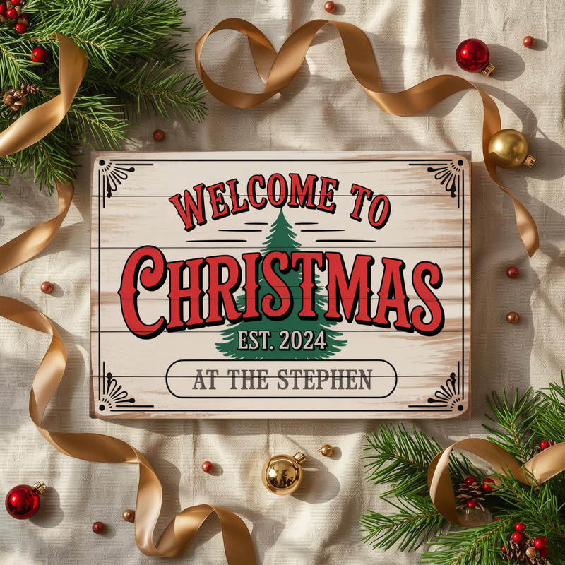 Welcome Christmas canvas wall art, wreath with red berries on dark wood backdrop, vertical, rustic farmhouse entry or living room