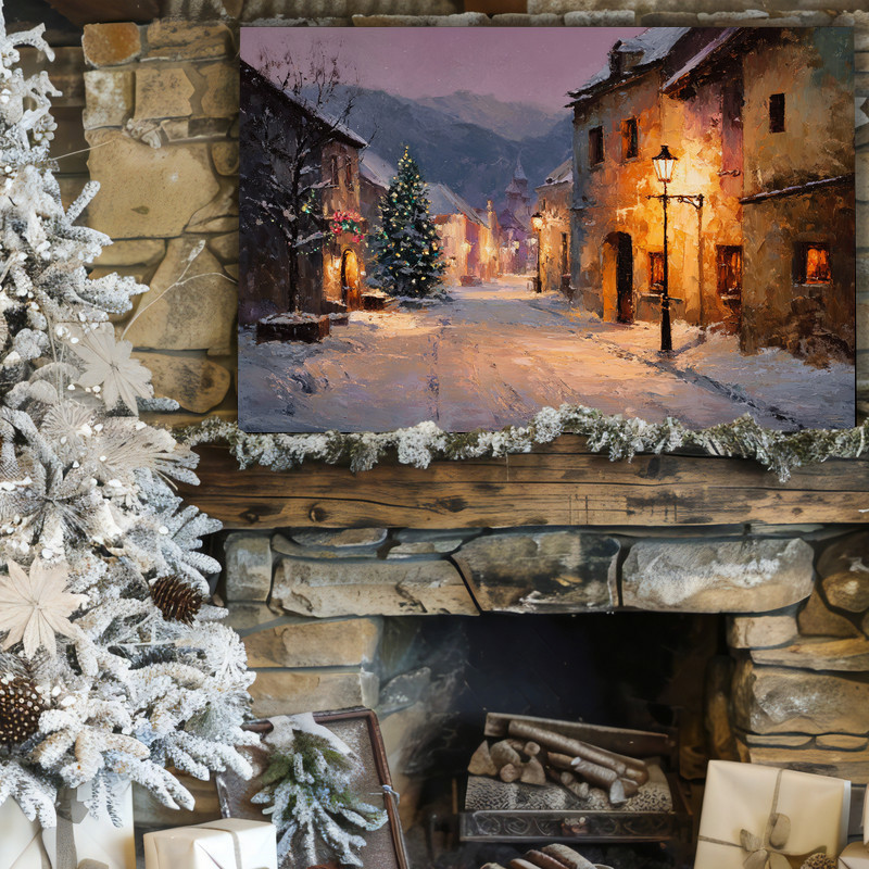 Peaceful snowy street canvas wall art in rustic holiday style for living room decor, adding a subtle festive touch to winter.