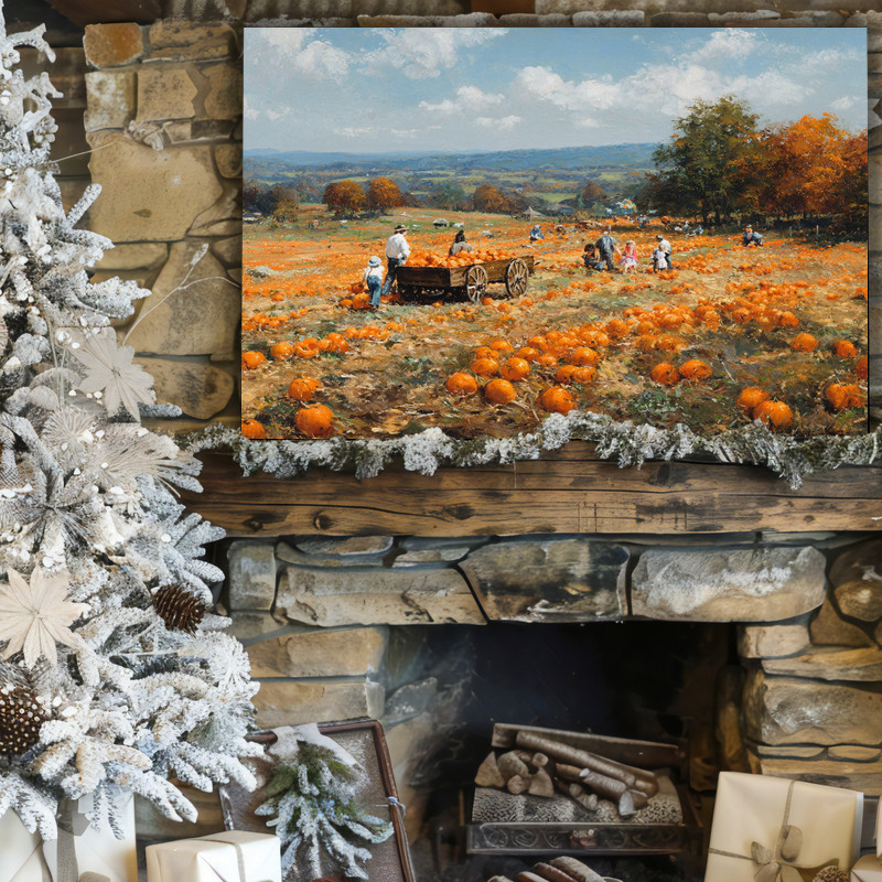 Farmhouse autumn canvas wall art featuring pumpkin harvest still life in cozy neutrals for inviting living room decor