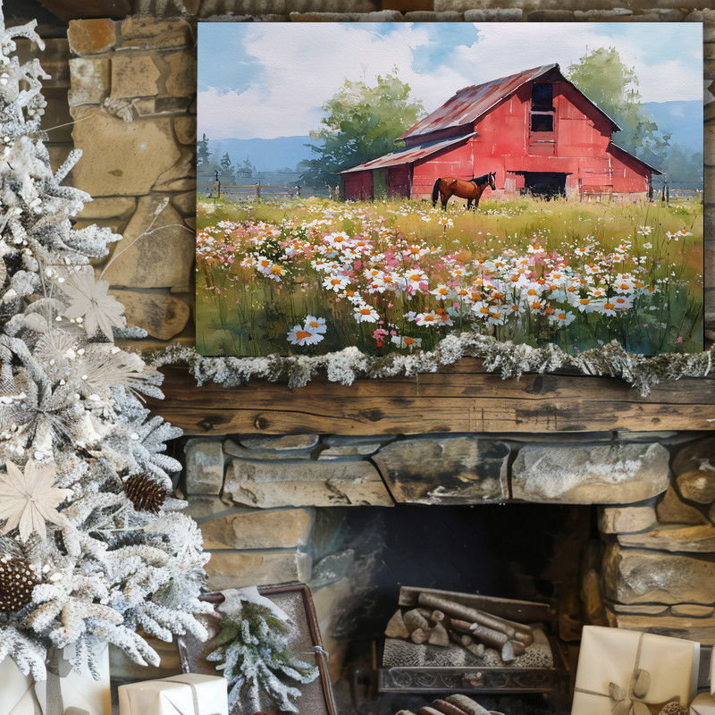Red barn meadow with asters and grazing horse watercolor canvas wall art, country cottage farmhouse style, pastel palette