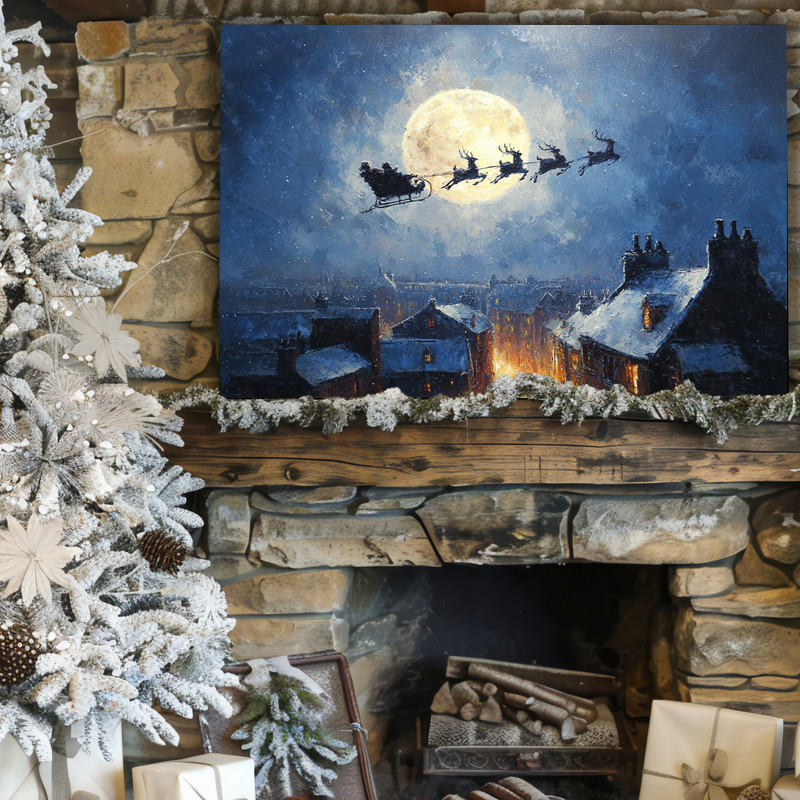 Classic Christmas Santa’s sleigh and reindeer canvas wall art, watercolor night sky with glowing moon, seasonal accent