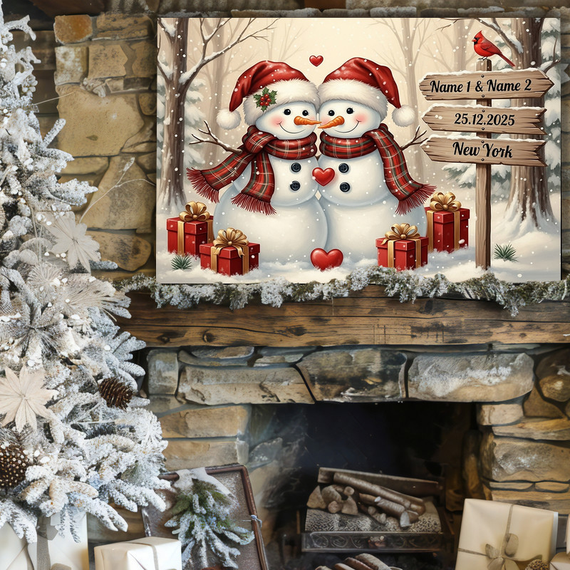 Snowman couple rustic Christmas canvas wall art, panoramic design on wood plank background, ideal over sofa in living room Snowman couple rustic Christmas canvas wall art, panoramic design on wood plank background, ideal over sofa in living room