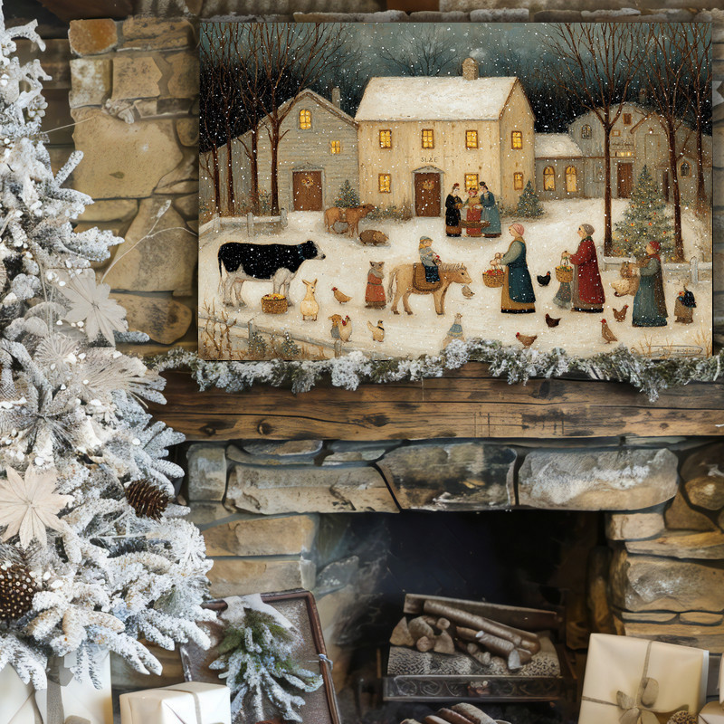 Snowy farmyard scene canvas wall art, rustic winter landscape with barn and winding fence, timeless decor for a living room