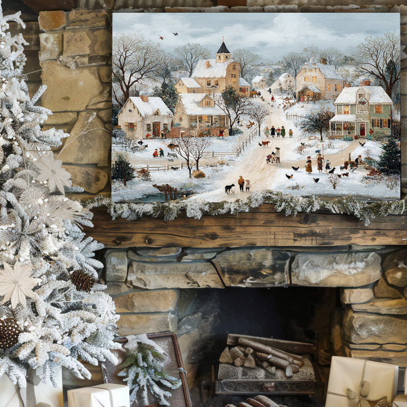 Snowy village with farm animals canvas wall art for country rustic homes, tranquil winter countryside living room decor