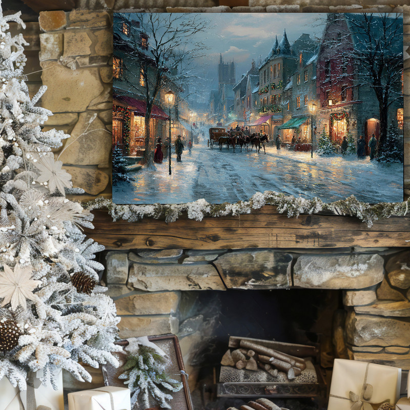 Victorian Christmas Village canvas wall art with starry night sky, town square tree, and blue tones for entryway decor