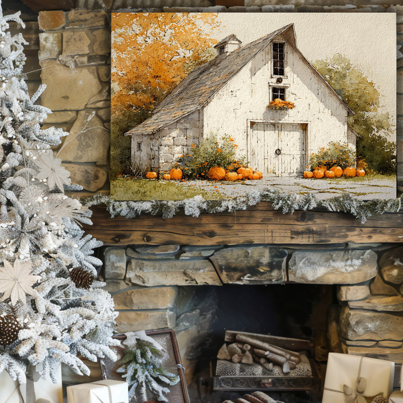 Watercolor pumpkin barn canvas wall art with textured canvas, soft brushstrokes and muted palette for living room decor