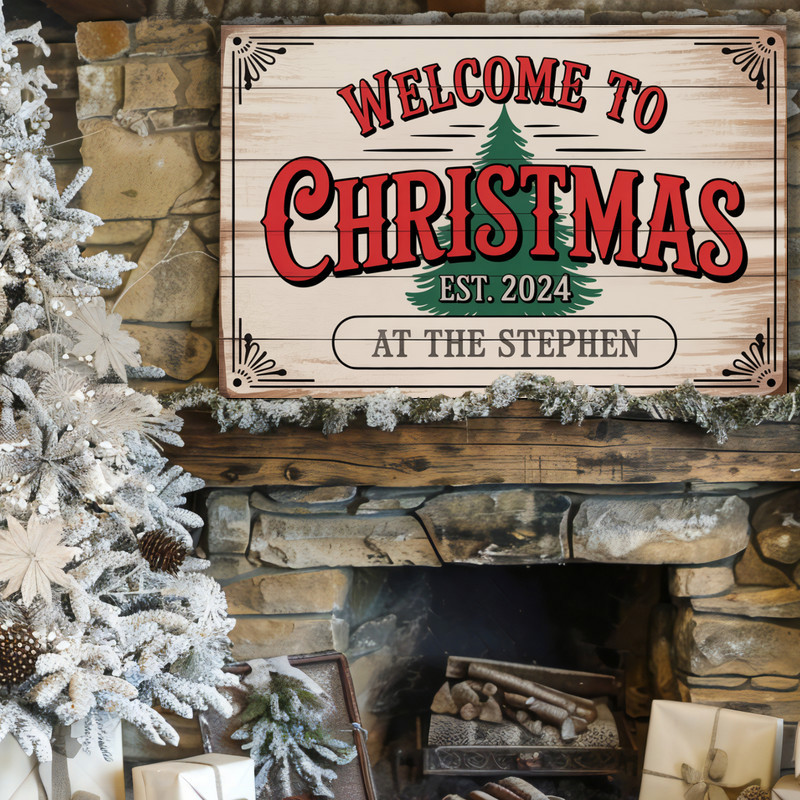 Welcome Christmas canvas wall art with tartan ribbon and fir sprigs, cream background, horizontal, farmhouse living room holiday accent