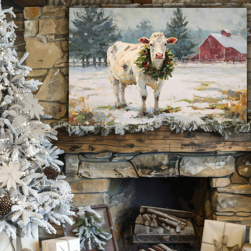 white cow with festive green wreath canvas wall art, farmhouse style, charming housewarming gift for animal lovers