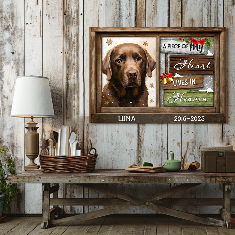 Pet memorial canvas, “A Piece Of My Heart Lives In Heaven”, custom name, beige backdrop, portrait