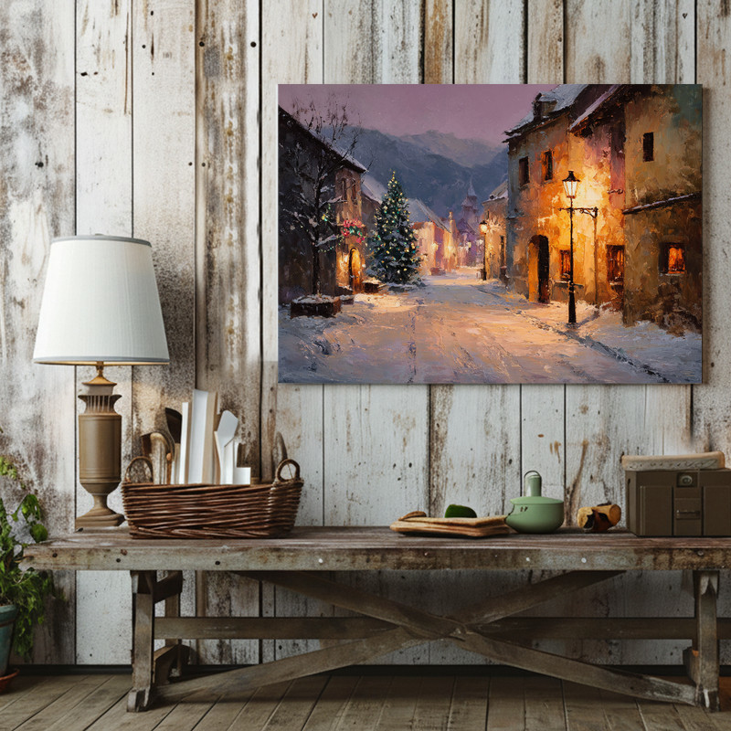 Peaceful snowy street canvas wall art, rustic holiday piece for living room decor, depicting a winter village street scene.