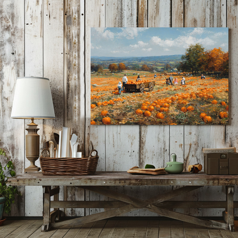 Pumpkin harvest canvas wall art vintage farmhouse look with weathered texture and autumn tones for living room decor