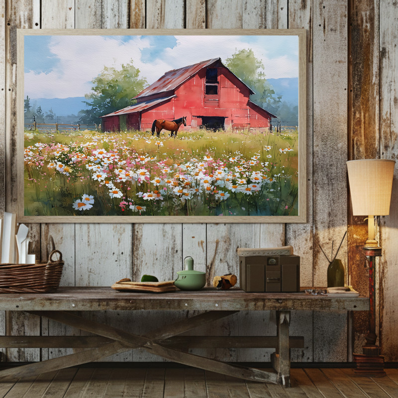 Red barn meadow with asters and horse canvas wall art, sunlit watercolor landscape, farmhouse wall decor, landscape print