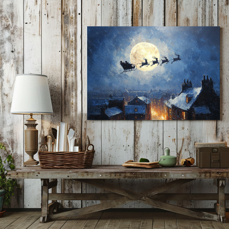 Classic Christmas Santa’s sleigh and reindeer canvas wall art, moonlit scene, great holiday gift for families and friends