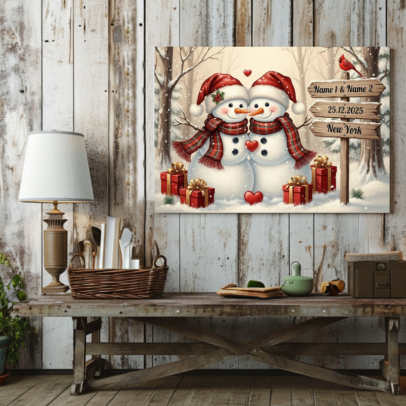 Snowman couple rustic Christmas canvas wall art featuring cabin style, snowfall, and pine wreaths for living room decor Snowman couple rustic Christmas canvas wall art featuring cabin style, snowfall, and pine wreaths for living room decor