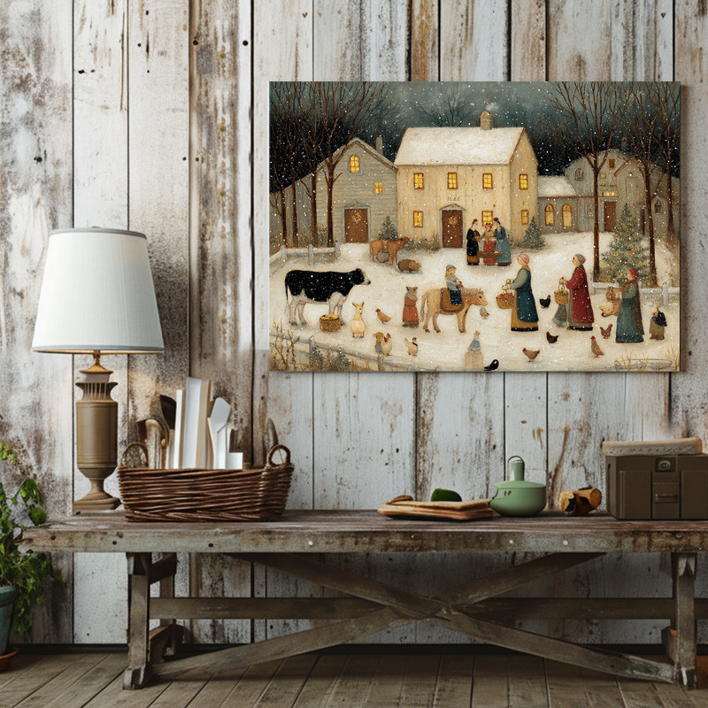 Snowy farmyard scene canvas wall art, seasonal gift for farmhouse decor lovers, featuring rustic barn and gentle snowfall