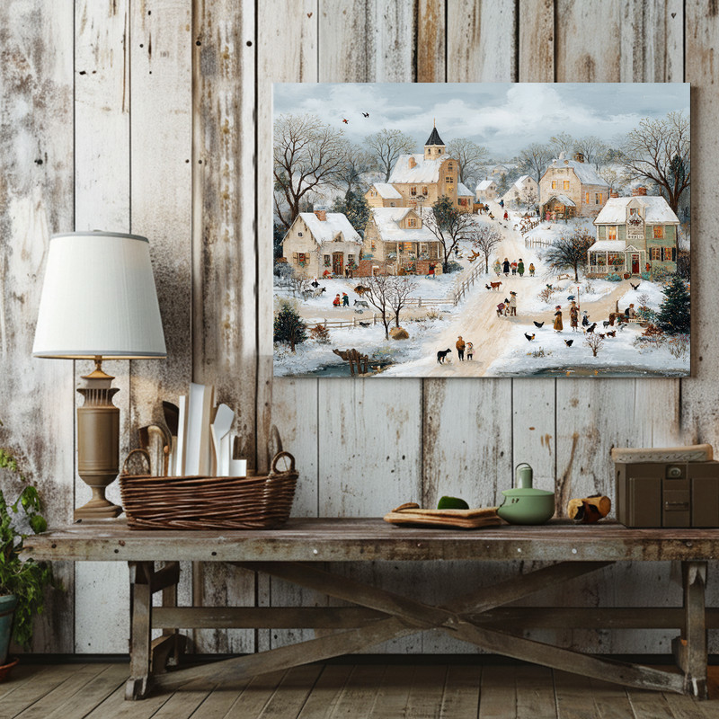 Snowy village with farm animals canvas wall art, country rustic winter scene, farmhouse living room wall decor accent