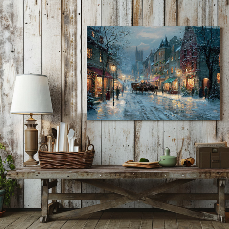 Victorian Christmas Village canvas wall art featuring snow-dusted shopfronts and wreath-lit lampposts in warm, vintage hues