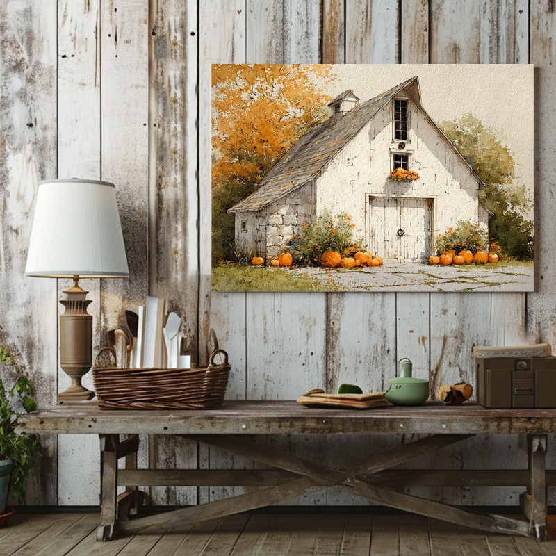 Watercolor pumpkin barn canvas wall art with autumn harvest vibe, soft oranges and browns for farmhouse living room decor