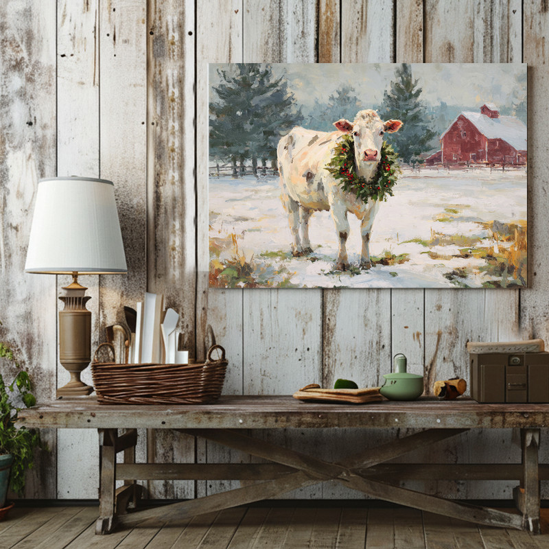 white cow wearing festive green wreath canvas wall art, neutral background, winter holiday farmhouse decor for living room