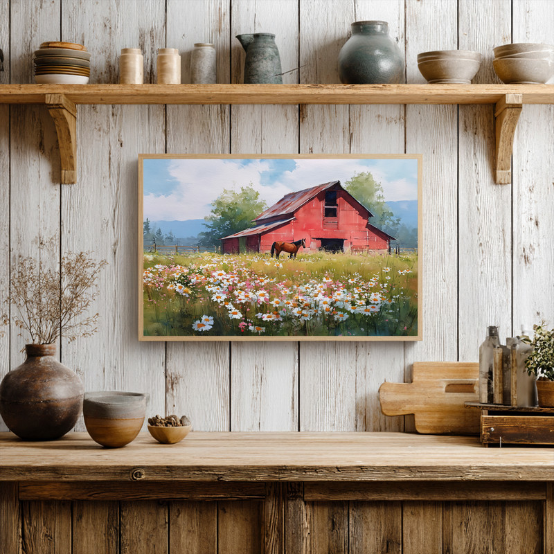 Red barn meadow with asters and horse watercolor canvas wall art for living room, rustic farmhouse landscape, panoramic view