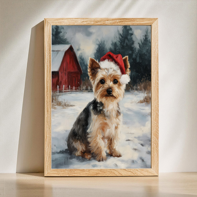 Yorkshire Terrier Santa hat canvas wall art for living room, cute Christmas dog decor with festive red-and-white holiday | Familywalldecor