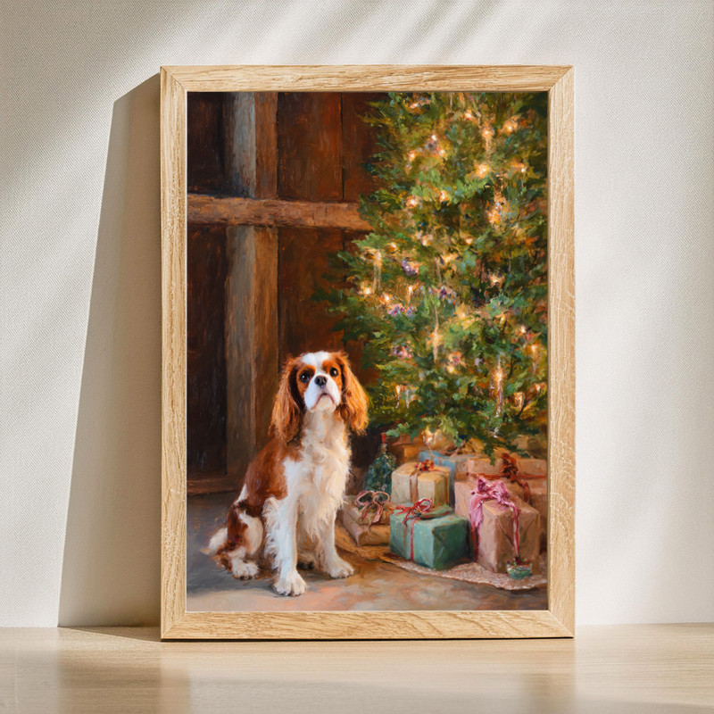 Cavalier King Charles Spaniel dog Christmas canvas wall art, pup in Santa hat with red-green palette for living room decor | Family Wall Decor