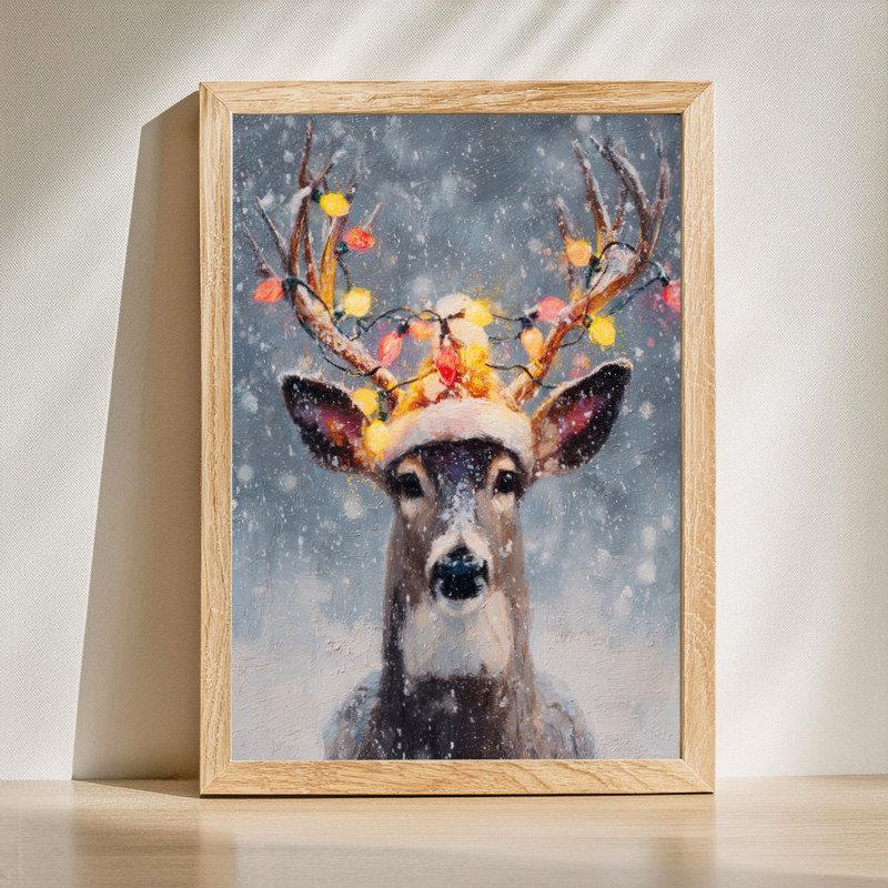 Cute reindeer with scarf canvas wall art in a whimsical Christmas style, perfect for festive living room holiday decor | Family Wall Decor