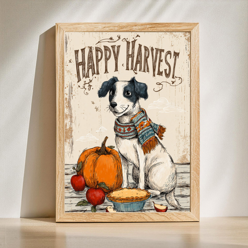 Happy Harvest Dog Autumn canvas wall art with cozy farmhouse Thanksgiving scene, dog and pumpkins, for living room decor | Family Wall Decor