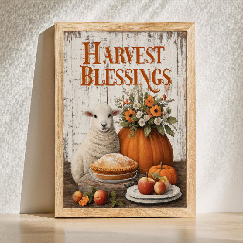 Harvest Blessings sheep canvas wall art in rustic farmhouse style, autumn tones, perfect Thanksgiving living room decor | Family Wall Decor