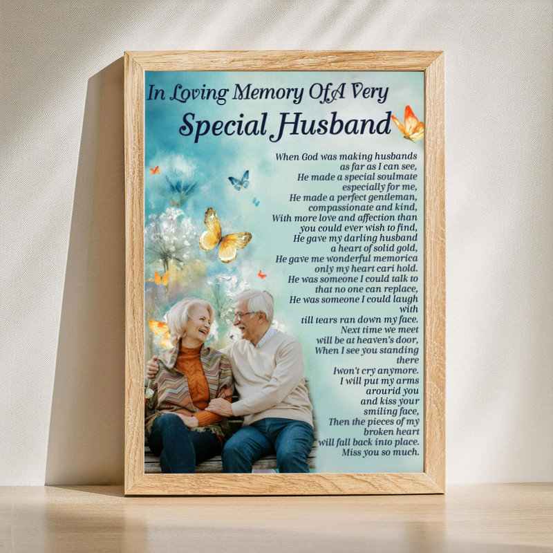 Memorial poster wall art portrait honoring a very special husband with 'In Loving Memory' tribute text, sympathy gift | Familywalldecor
