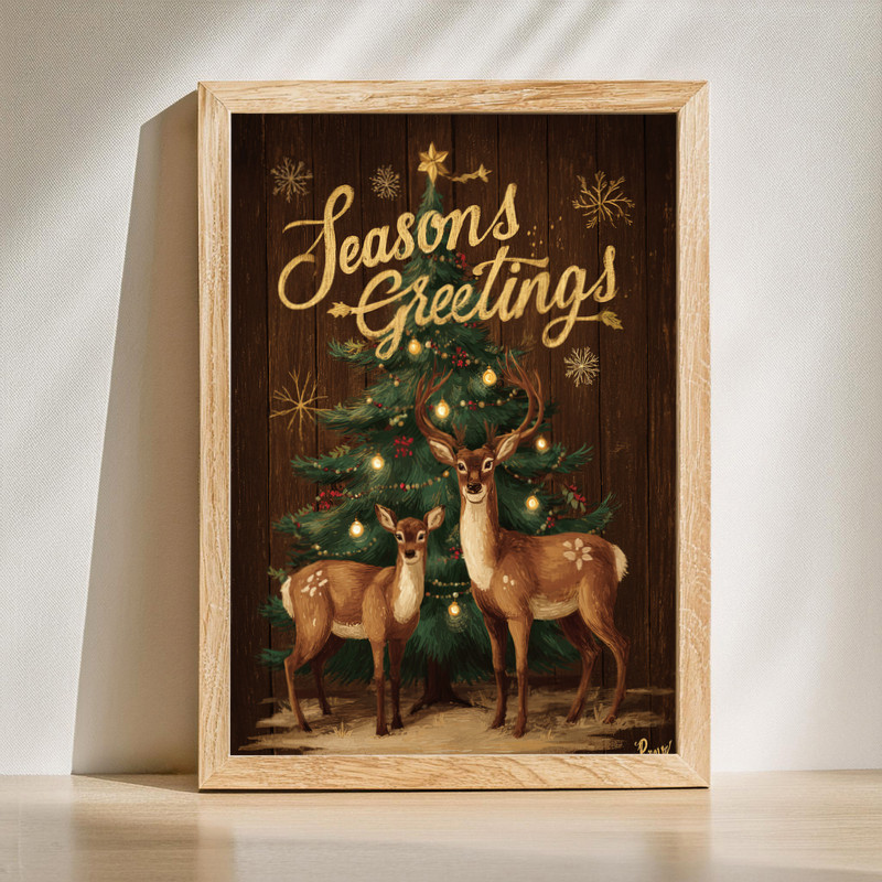 Season’s Greetings reindeer and tree canvas wall art for rustic farmhouse living room decor in neutral winter tones. | Family Wall Decor
