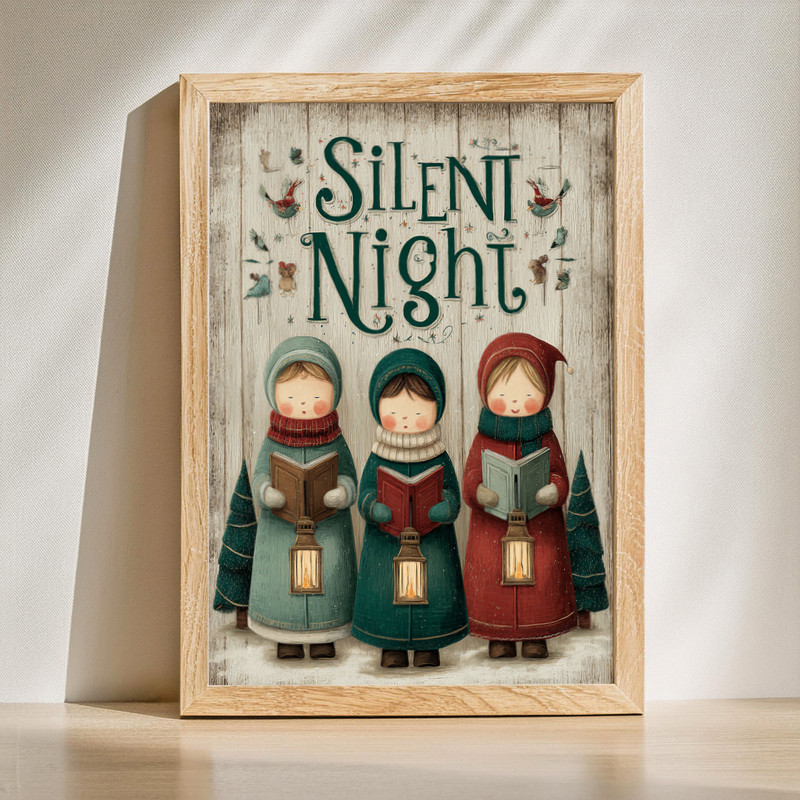 Silent Night caroling children canvas with rustic farmhouse Christmas scene, snowy night and warm glow, charming for living room decor | Family Wall Decor