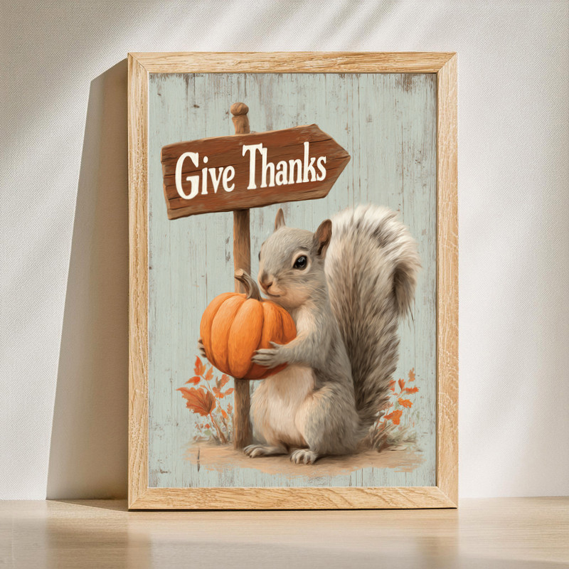 Thanksgiving squirrel canvas wall art with Give Thanks lettering and autumn leaves, rustic farmhouse decor for living room | Family Wall Decor