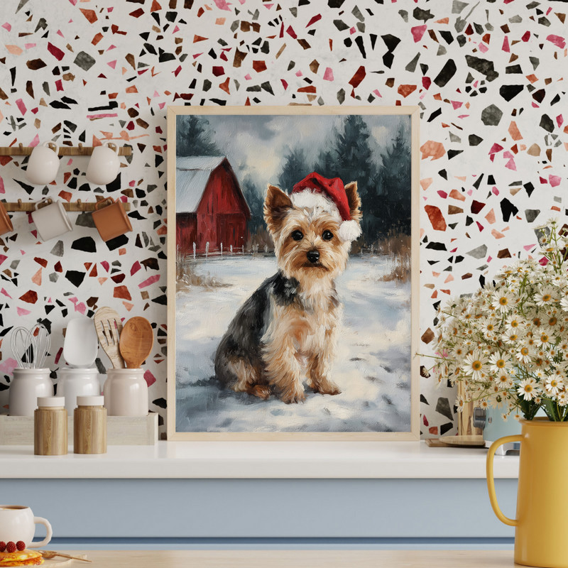 Yorkshire Terrier Santa hat Christmas canvas wall art, portrait orientation, cozy living room holiday gift for dog lovers